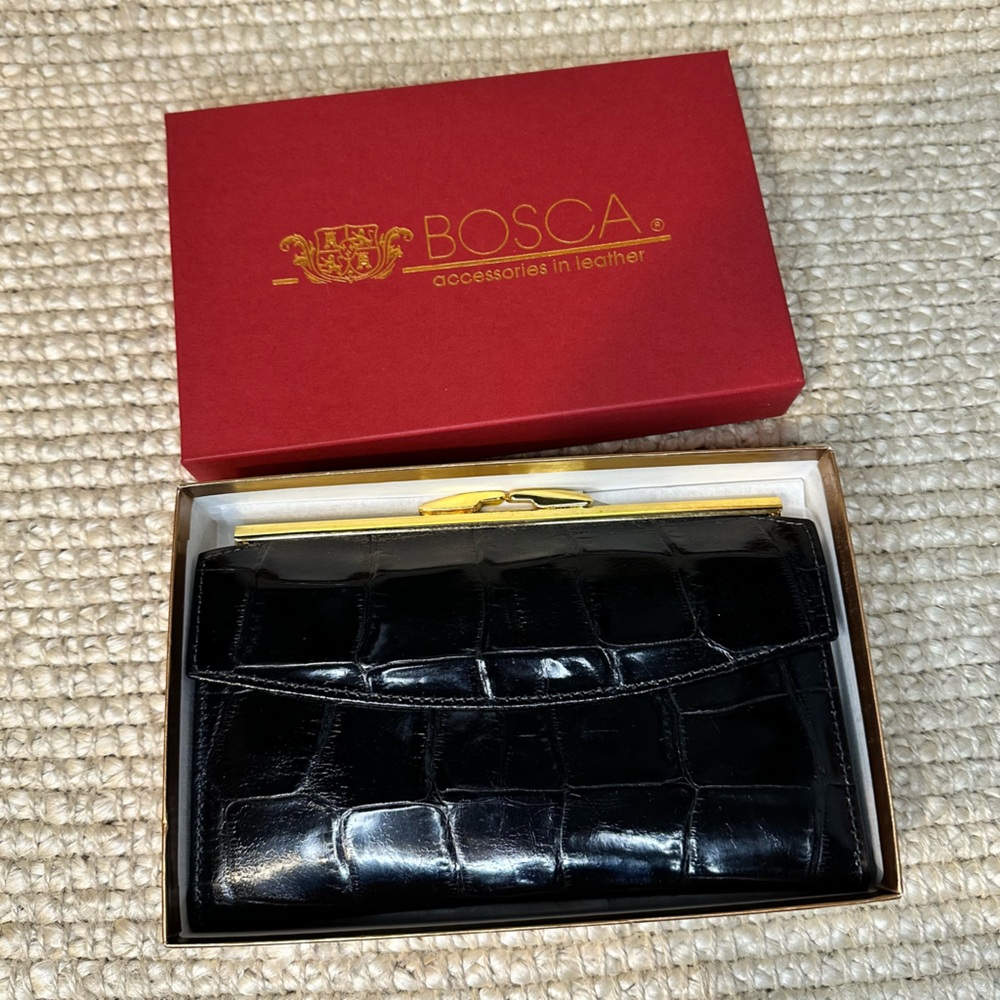 NWT Bosca Alligator Croco calf leather Frame Clutch Continental Envelope Wallet